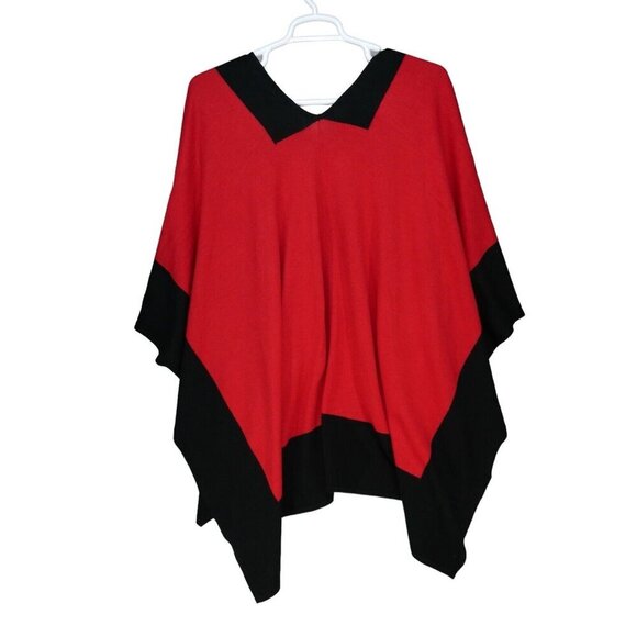 Lauren Ralph Lauren Wrap Poncho Wool blend Cape Size S/M Red Black Color Block‎ - Picture 2 of 6